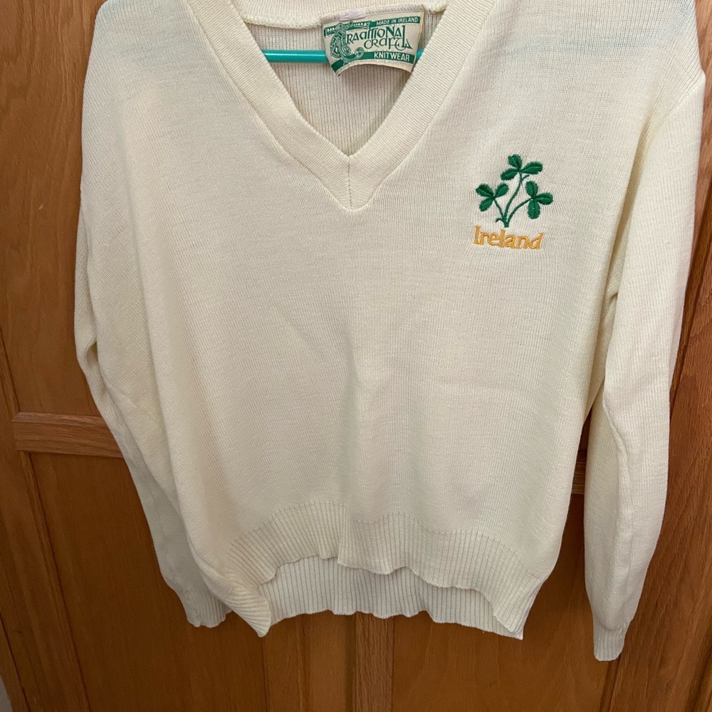 Traditional Irish Cream V-Neck Sweater with Green Shamrock